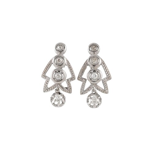 A PAIR OF DROP EARRINGS, mounted in white gold