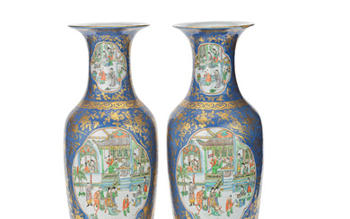 A PAIR OF FAMILLE VERTE BLUE-GROUND GILT-DECORATED VASES 19th century
