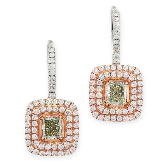 A PAIR OF GREEN, PINK AND WHITE DIAMOND EARRINGS in