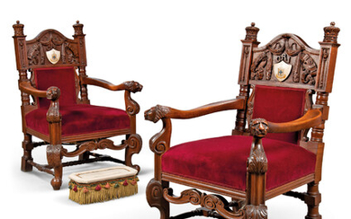 A PAIR OF INDIAN TEAK DURBAR ARMCHAIRS, DELHI, NORTH INDIA, DATED 1911