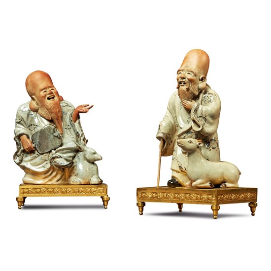 A PAIR OF LOUIS XVI STYLE ORMOLU AND CHINESE GLAZED EARTHENWARE FIGURES, 19TH CENTURY