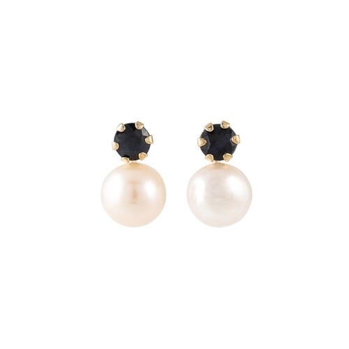 A PAIR OF PEARL AND SAPPHIRE EARRINGS, mounted in 9ct gold