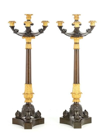 A PAIR OF REGENCY BRONZE AND ORMOLU CANDELABRA with