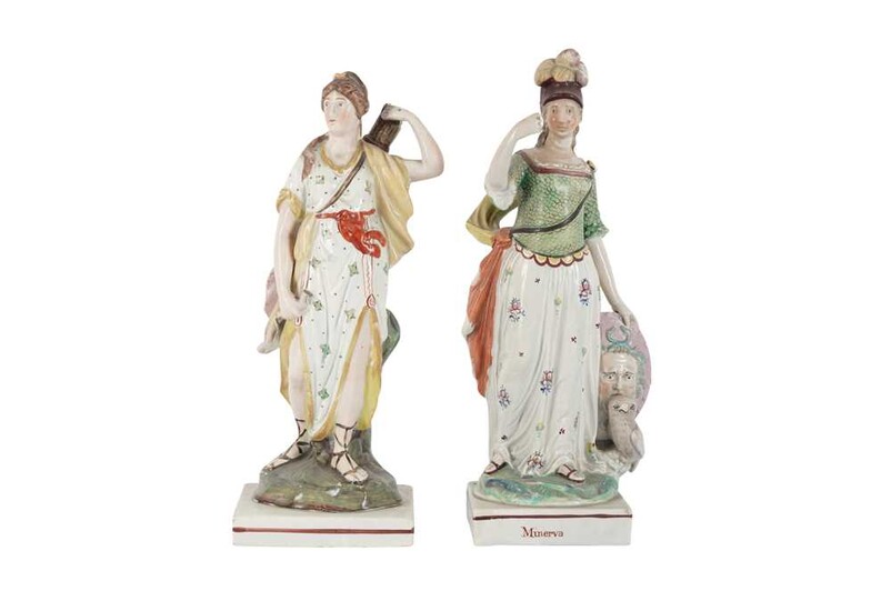 A PAIR OF STAFFORDSHIRE PEARLWARE POTTERY FIGURES OF MINERVA AND DIANA, 19TH CENTURY