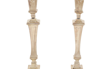 A PAIR OF STERLING SILVER ART-DECO STYLE SHABBAT CANDLESTICKS