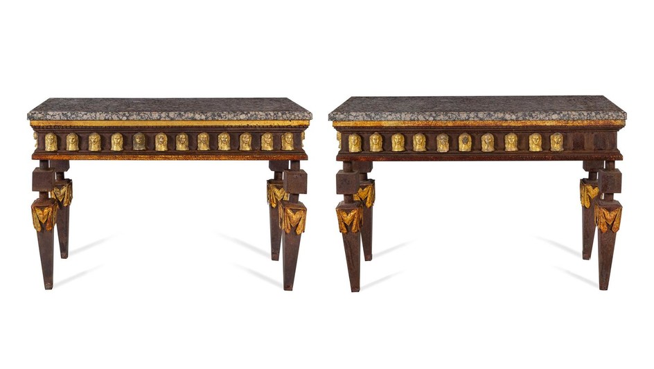 A Pair of Empire Style Parcel Gilt Metal Console Tables