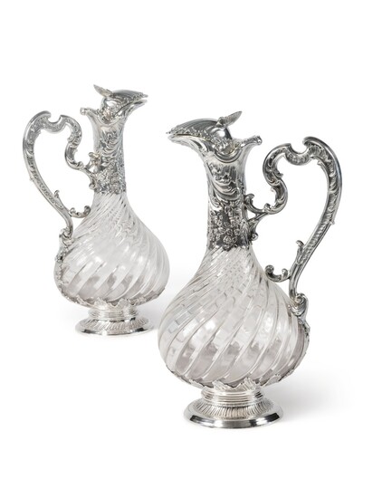 A Pair of French Silver-Mounted Cut-Glass Claret Jugs, Maker's Mark LP, Paris, Circa 1900