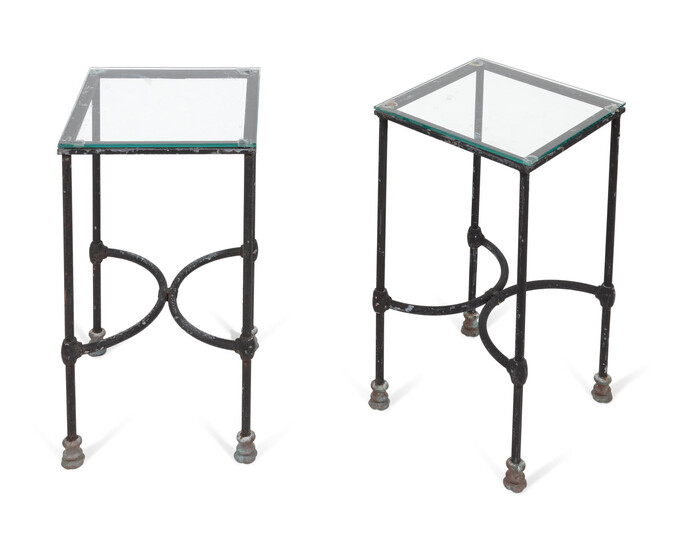 A Pair of Patinated Metal and Glass Side Tables