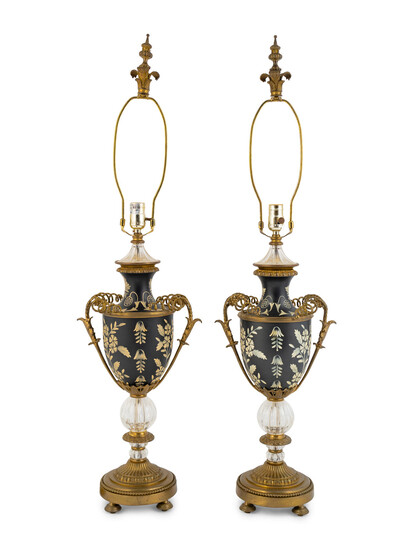 A Pair of Tole and Glass Lamps