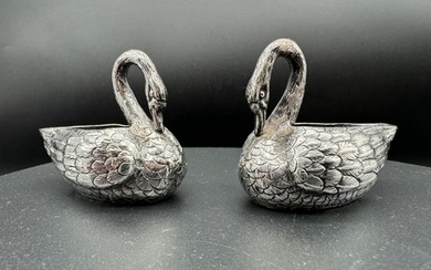 A Pair of Victorian Silver Novelty Swan Salt Pots - Edward H...