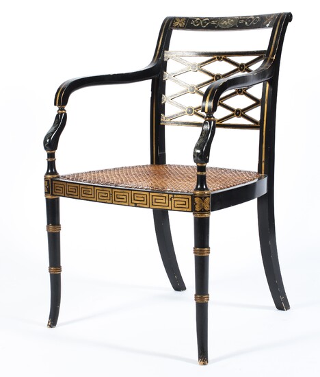 A Regency style japanned and parcel gilt armchair, 20th century