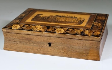 A Rosewood and Tunbridge Ware Workbox, Victorian, the lid...