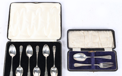 A SET OF SIX GEORGE V SILVER TABLESPOONS, A MATCHED SILVER CHRISTENING SET (2).