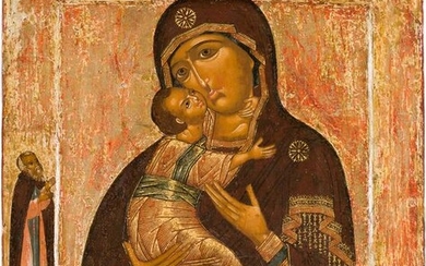 A VERY FINE ICON SHOWNG THE VLADIMIRSKAYA MOTHER OF GOD