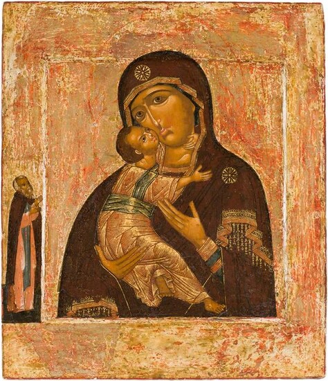 A VERY FINE ICON SHOWNG THE VLADIMIRSKAYA MOTHER OF GOD