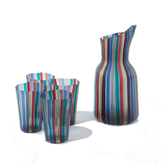A Venini canne multicolor glass pitcher and 4 glasses