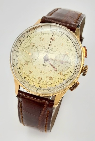 A Vintage Breitling Chronomat 18K Gold Gents Watch. Brown...