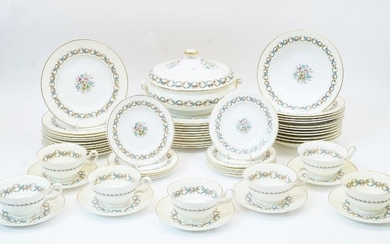 A Wedgwood 'Sandringham' pattern part dinner service, late 20th century, green printed uppercase and Portland Vase mark, pattern no. W3509, comprising: eleven dining plates, eleven side plates, eleven soup bowls, eleven bread plates, a tureen and...