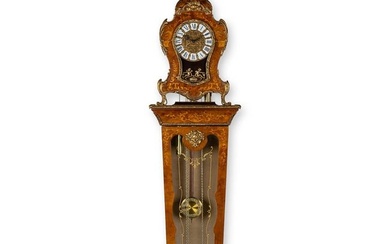 A cartel clock on a pedestal, Westminster movement, marquetry inlay and mounted with bronze. (L:29 x