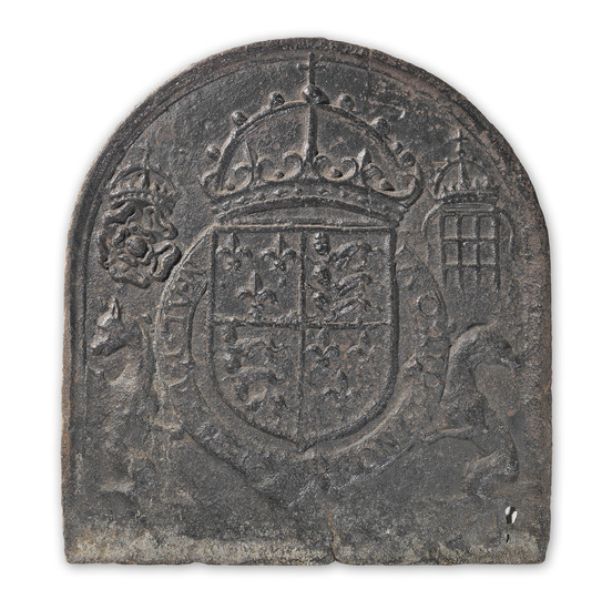 A cast iron fireback, cast with the Royal Arms of Henry VIII