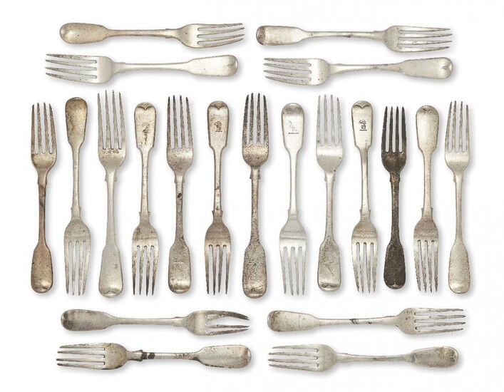 A collection of Georgian and later silver dessert forks, of fiddle pattern, various dates and makers including: a harlequin set of five Georgian dessert forks with armorial to reverse of terminal, two Exeter, c.1821, Joseph Hicks; a pair of George...