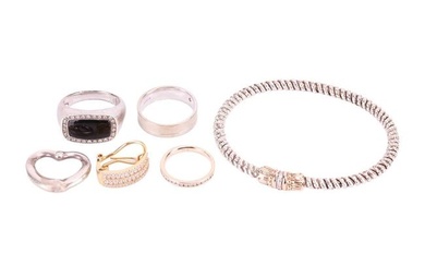 A group lot of jewellery to include a bi-metal rope twist bangle, a diamond set heart-shaped pendant