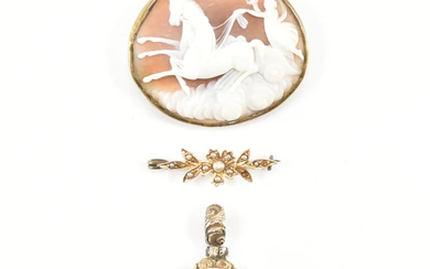A group of antique jewellery brooches and swivel fob. The lot to include a carved shell cameo brooch, a Victorian yellow metal and seed pearl safety pin brooch, and a yellow metal pocket watch fob (surface tests indicate gold). Cameo brooch measures...