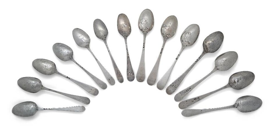 A group of fourteen silver 'Dove & Olive Branch' picture-back teaspoons, Hanoverian and Old English pattern, comprising eleven various 18th century examples including a pair by Hester Bateman, London, 1782, 12.1cm long; an example by Willliam...