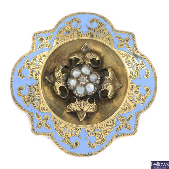 A late Victorian split pearl, rose-cut diamond and blue enamel brooch.