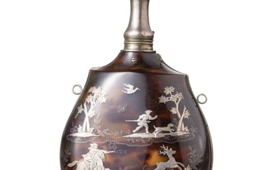 A magnificent tortoiseshell powder flask with fine silver piqué decoration, Dresden or Naples