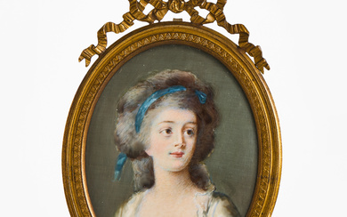 A miniature painting, portrait of a woman, gouache, unsigned, with brass frame in Gustavian style, 19th century.