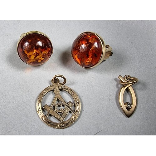 A pair of Austrian gold and amber ear clips and two 9ct gold...
