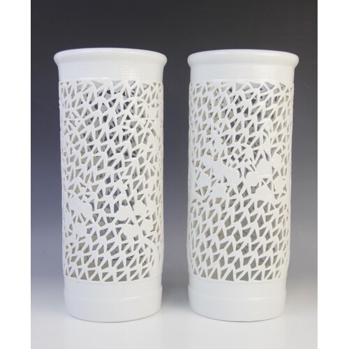 A pair of Chinese blanc de chine reticulated sleeve vases, 2...