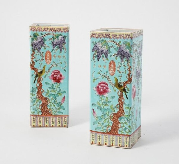 A pair of Chinese porcelain square wisteria vases