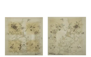 A pair of Chinese silk embroidered pictures Republic period Decorated with exotic...