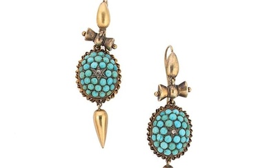 A pair of Etruscan revival turquoise and diamond ear pendants
