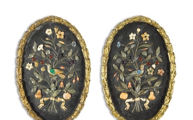 A pair of Italian gilt-bronze framed pietre dure relief oval panels, Florence, late 19th century