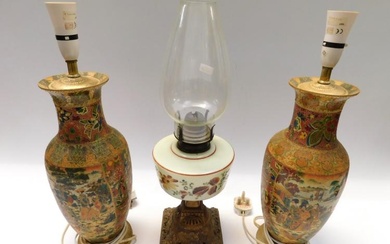 A pair of Japanese satsuma vases converted to lamps along...