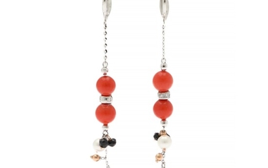 NOT SOLD. A pair of coral and diamond ear pendants each set with coral, diamonds,...