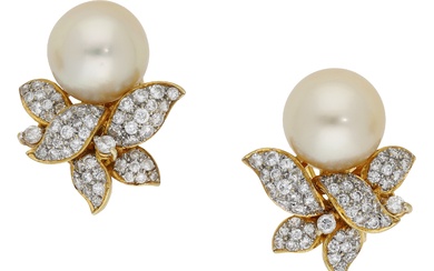 A pair of cultured pearl and diamond ear clips, each set with...