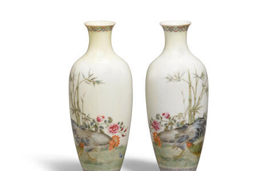 A pair of enameled eggshell porcelain 'cockerel' vases