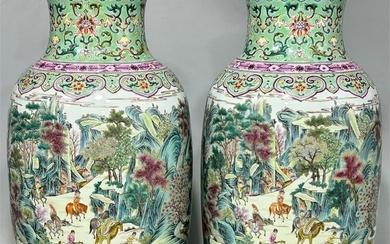 A pair of exquisite famille-rose landscape and figure vases