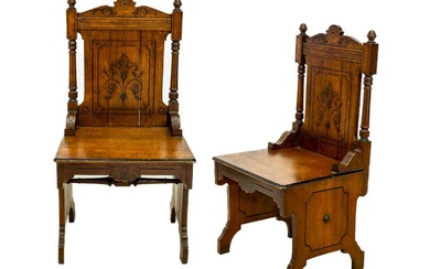 A pair of late Victorian aesthetic movement oak side chairs.