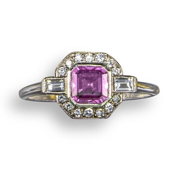 A pink sapphire and diamond ring, the square-shaped...