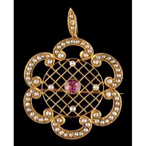 A pink tourmaline and pearl pendant/brooch,: the central cir...