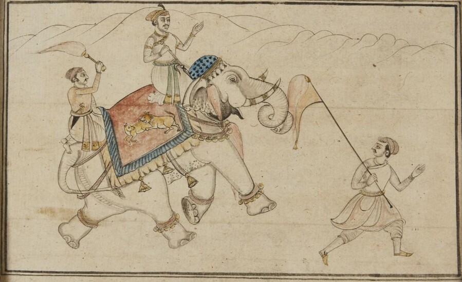 A portrait of an elephant, Rajasthan, India, mid-19th century, opaque pigments and ink on paper, finely dressed with an elaborate saddle cloth featuring a lion and deer, and with a mahout and attendants, framed, painting 23.5 x 16cm.