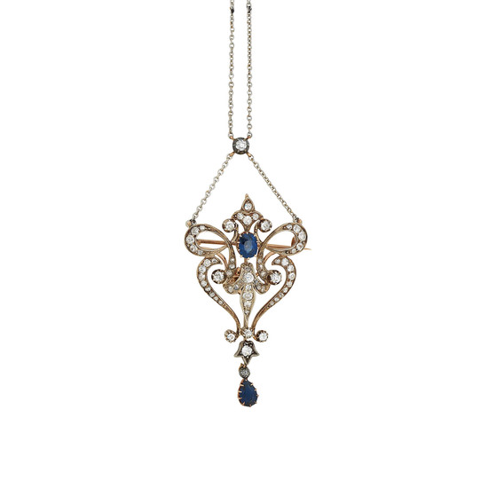 A sapphire and diamond brooch/pendant