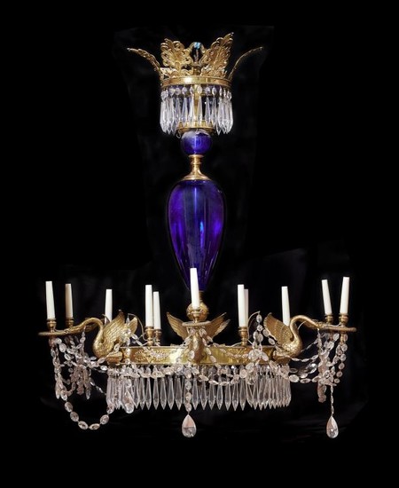 A substantial Baltic cobalt and clear glass and gilt bronze mounted twelve light chandelier in Neoclassical taste