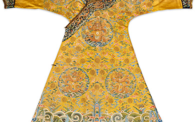 AN EXTREMELY RARE IMPERIAL YELLOW-GROUND EMBROIDERED SILK 'DRAGON' ROBE, JIFU...