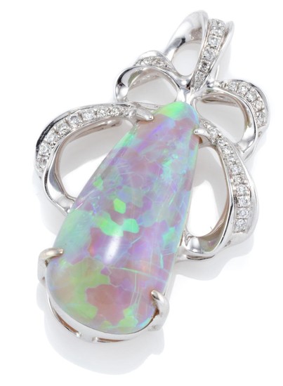 AN OPAL AND DIAMOND PENDANT; featuring a 17.6 x 8.3mm crystal opal in an 18ct white gold mount set with 33 round brilliant cut diamo...